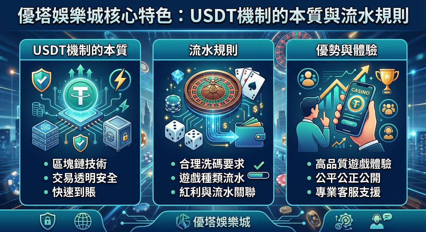 這張圖片是一個數位風格的資訊圖表,展示了「優塔娛樂城」的 USDT 機制與流水規則特色。 畫面分為三個主要區塊,結合了加密貨幣圖示、賭場元素與繁體中文說明文字。