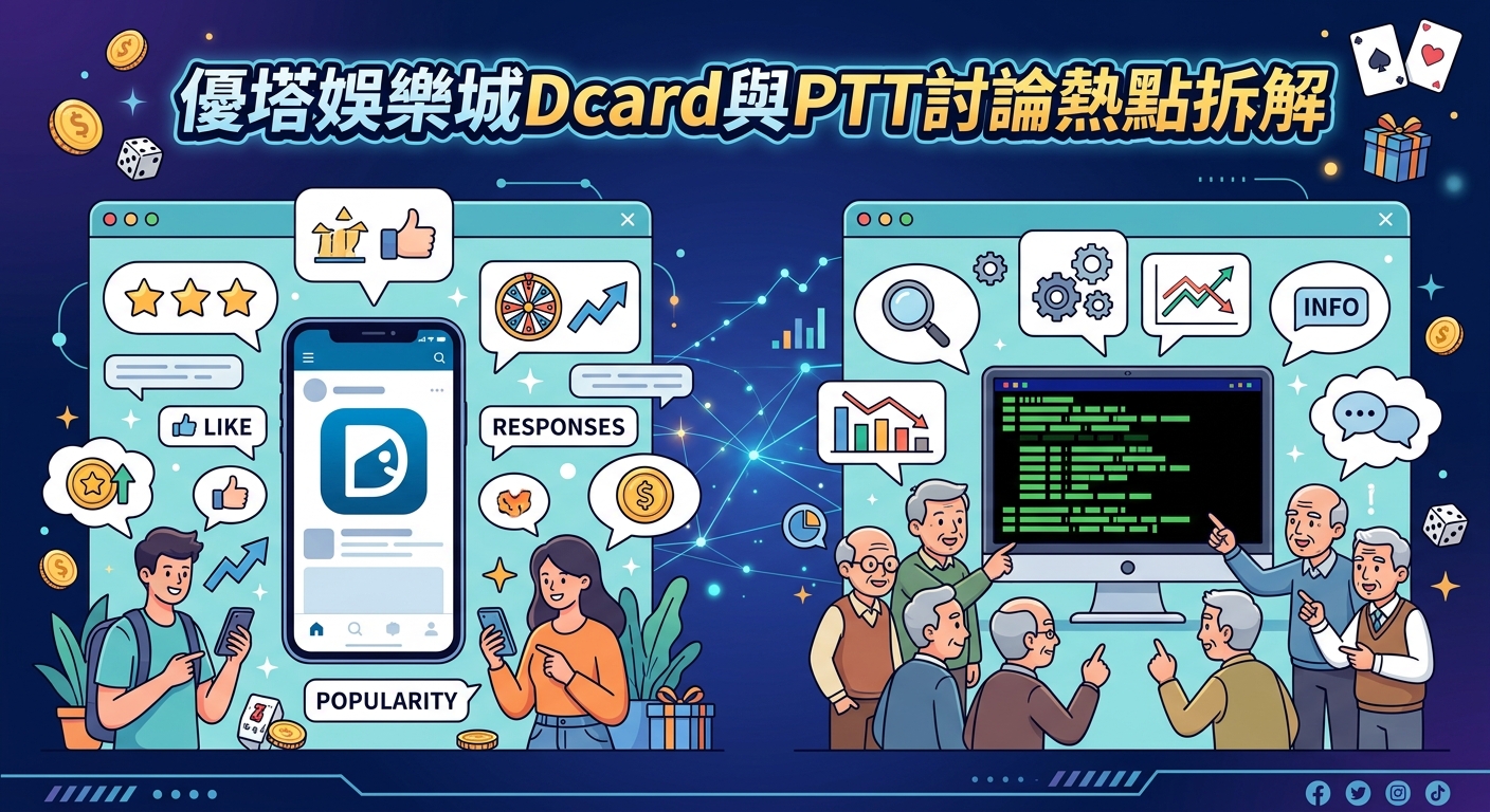 這張圖片展示了關於「優塔娛樂城」在 Dcard 與 PTT 論壇熱門討論點的分析拆解。 畫面左右分別呈現青年與年長世代使用手機和電腦進行社群討論與數據分析的場景。